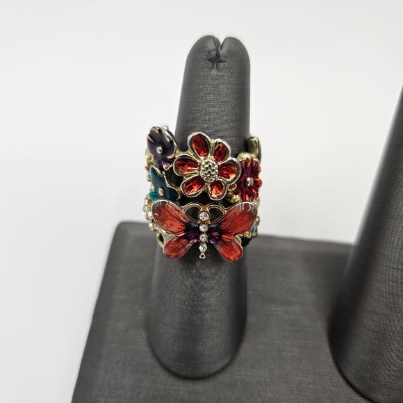 Vintage flower, butterfly and rhinestone ring - Picture 2 of 12